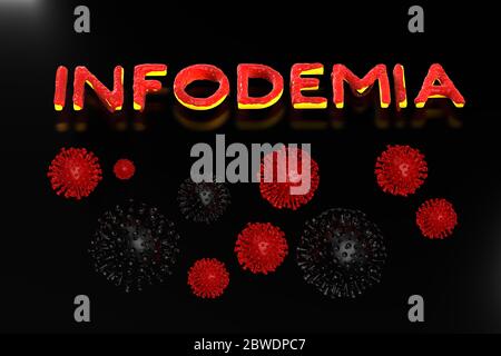Concept de lettrage d'Infodemia sur la pandémie et de fausses informations avec le coronavirus covid-19. illustration 3d isolée sur fond noir avec cellules Banque D'Images