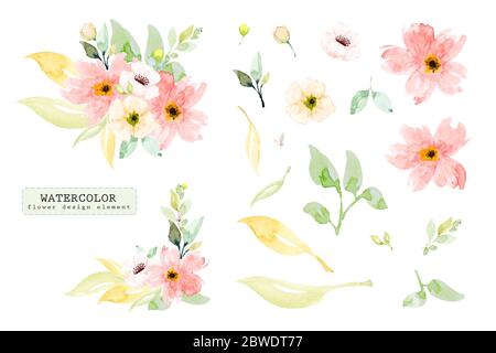 Ensemble d'éléments aquarelle, branche de fleur peinte à la main. Fleur colorée avec verdure, pour mariage, affiche, carte de vœux, carte d'invitation Banque D'Images