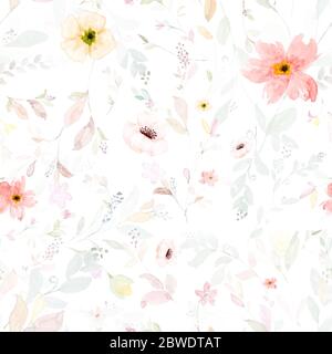 Motif sans couture avec fleurs et feuilles peintes à la main aquarelle. Peut être utilisé pour le textile, le web, la texture d'arrière-plan, le papier peint, l'emballage, l'invitation ou Banque D'Images