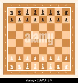 Brown Chess Board avec Chess Figurine Algebraic notation. Illustration du scénario de jeu d'échecs. Figures d'échecs Roi, Reine, évêque, Chevalier, Rok, Pawn. Échecs Illustration de Vecteur