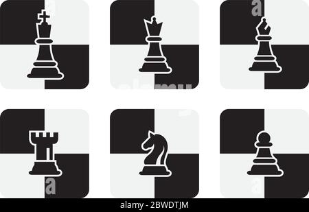 Pièces des échecs icônes isolé sur fond blanc. Vector Illustration en échiquier. Du Prince de Roi, Reine, évêque, Chevalier, Tour, Pion. Illustration de Vecteur