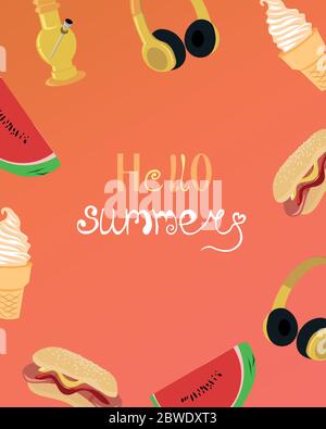 Carte d'été. Bonjour été. Loisirs et divertissement. Pastèque, crème glacée et musique. Conception pour l'accueil, la circulaire et l'impression. Illustration de Vecteur