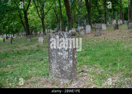 Tombes juives sur le cimetière juif historique en forêt de Kobersdorf Banque D'Images