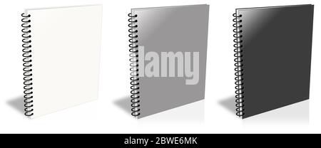 Cahier spirale vide blanc, gris, noir. Rendu 3D de l'illustration. Isolé sur fond blanc. Banque D'Images