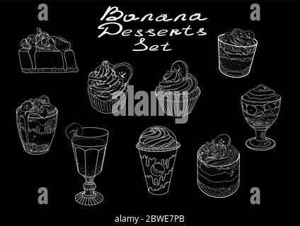 desserts à la banane ensemble de lignes blanches sur fond noir Illustration de Vecteur