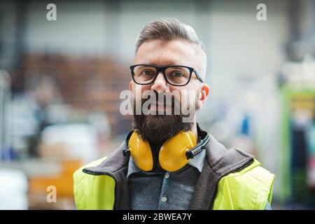 Technicien ou ingénieur avec casque de protection dans une usine industrielle. Banque D'Images