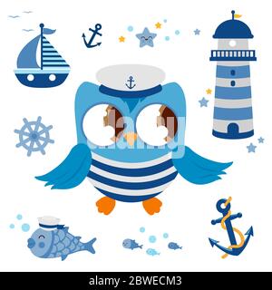 Mignon oiseau marin hibou et éléments de conception de partie de voile dans des couleurs bleues. Bateau, barre et poisson pour l'été, l'océan et les anniversaires nautiques pour les enfants. Banque D'Images
