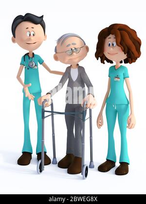 Rendu 3D d'une jeune infirmière et d'un sympathique médecin de dessin animé souriant portant un stéthoscope aidant un homme âgé avec un marcheur. Fond blanc. Banque D'Images