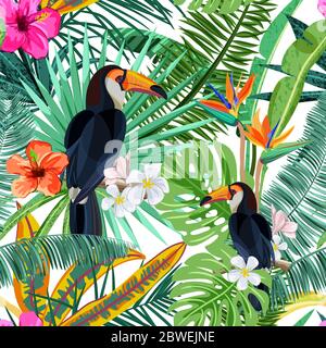 Motif vectoriel sans couture avec feuilles de palmier tropicales vertes, fleurs d'hibiscus et toucan d'oiseau. Arrière-plan nature. Éléments de design tendance été ou printemps Banque D'Images