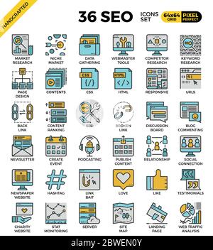 SEO - optimisation de Search Engine, contour des icônes concept dans le style moderne pour le web ou l'illustration imprimée Illustration de Vecteur