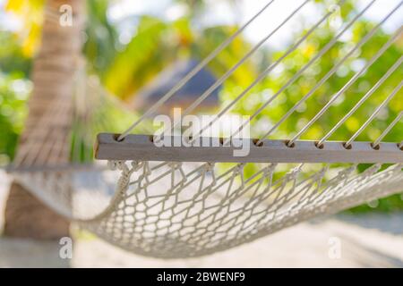 Hamac sur la plage, motif tropical flou nature. Palmiers et temps ensoleillé. Rêvez de détente style de vie tranquille, voyage destination exotique Banque D'Images