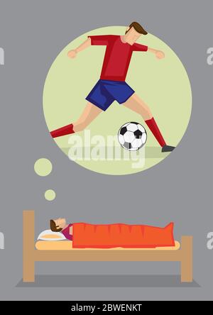 Homme de dessin animé allongé sur son lit pensant à devenir joueur de football. Illustration vectorielle sur le concept rêves et aspiration isolée sur fond gris Illustration de Vecteur