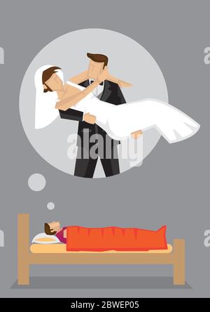 Un homme allongé sur le lit rêvant de sa mariée et de son mariage. Illustration de dessin animé vectoriel sur le thème du concept de désir de mariage. Illustration de Vecteur