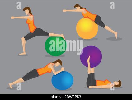 Femme sportive et mince utilisant un ballon de gym coloré pour la routine d'exercice dans le programme de fitness. Ensemble de quatre illustrations vectorielles isolées sur fond gris Illustration de Vecteur