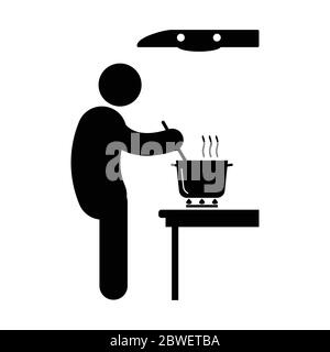 Cuisson sur le bâton de cuisinière Figure. Pictogramme noir et blanc représentant un homme qui cuisine dans une casserole sur un poêle à feu avec évent sur le dessus. Fichier vectoriel Illustration de Vecteur