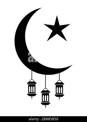 Ramadan Eid al-Fitr Crescent et Star avec lanternes. Pictogramme représentant les étoiles et les lanternes du Croissant islamique. Vecteur EPS Illustration de Vecteur