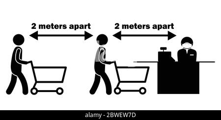 Social distance de 2 mètres m chiffre bâton avec chariot au comptoir caisse caissier. Fichier vectoriel Illustration de Vecteur