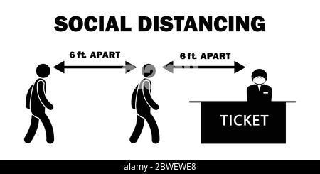 Social distancement de 6ft pieds en bâton à la file d'attente de ligne de compteur de billets avec masque. Fichier vectoriel noir et blanc Illustration de Vecteur