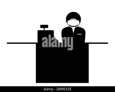Caissier avec icône masque. Pictogramme noir et blanc représentant le montant du comptoir de caisse avec masque facial PPE pendant une pandémie. Fichier vectoriel Illustration de Vecteur