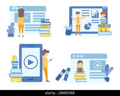 Cours en ligne d'apprentissage des étudiants. Formation d'homme en ligne. Concept Illustration de l'éducation pour la formation, l'étude, l'e-learning et le cours en ligne. Illustration de Vecteur