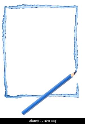 Un crayon bleu dessine de belles éclaboussures d'eau sur fond blanc Banque D'Images