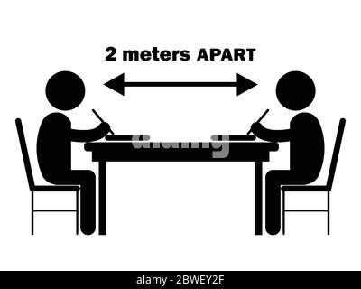 Deux étudiants étudient l'écriture de bureau de 2 mètres. À part. Illustration illustrant la distanciation sociale pendant la pandémie de Covid-19. Vecteur noir et blanc Illustration de Vecteur