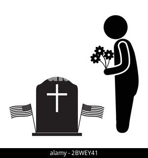 Visite de la tombe avec des fleurs pendant le Memorial Day. Pictogramme noir et blanc représentant la figurine Man Stick, qui apporte des fleurs à la tombe pendant le jour du souvenir. Vecteur Illustration de Vecteur