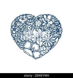 Coeur avec éléments floraux. Composition de bouquet en forme de coeur avec fleurs et plantes dessinées à la main. Dessin à la main de style vintage, fleurs et plantes. Illustration de Vecteur