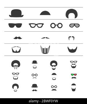 Ensemble de coiffure Icon. Moustache, barbe, lunettes, chapeau, symboles de cheveux afro. Style taille basse, mode homme. Collection de masques illustrés Vector. Hommes Illustration de Vecteur