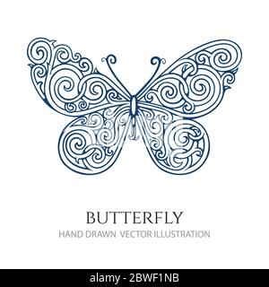 Papillon. Papillon avec ornements floraux. Illustration du vecteur papillon dessiné à la main. Illustration de Vecteur