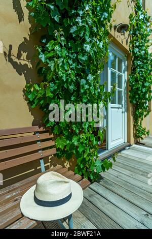 chapeau de paille sur le point de s'installer devant la maison familiale escalade de vigne Banque D'Images