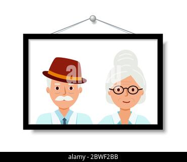 Portrait des grands-parents en gros plan. Vieux gens heureux. Grand-mère avec verres, grand-père avec chapeau. Illustration vectorielle. Illustration de Vecteur