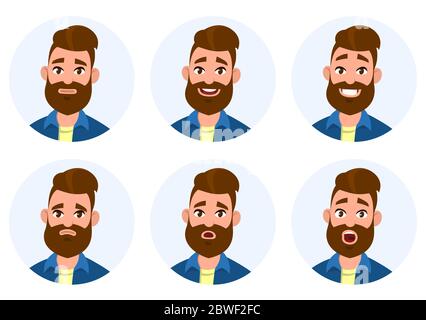 Ensemble d'émotions faciales masculines. Différents hommes émotions set.Homme personnage emoji avec des expressions différentes. Illustration de Vecteur