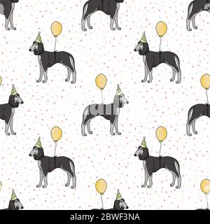 Joli chien de saluki dessiné à la main avec chapeau de fête sans couture à motif vectoriel. Histoire de célébration nationale de pedigree de race pure. Imprimé animal de compagnie amoureux de chien Illustration de Vecteur