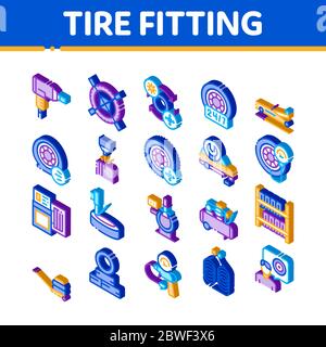 Les icônes Isométriques de l'entretien des raccords de pneus définissent le vecteur Illustration de Vecteur