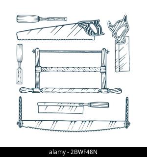 Outils de menuiserie vecteur jeu d'illustrations: Différentes scies et burins. Fait partie de la collection d'outils de travail du bois. Illustration de Vecteur