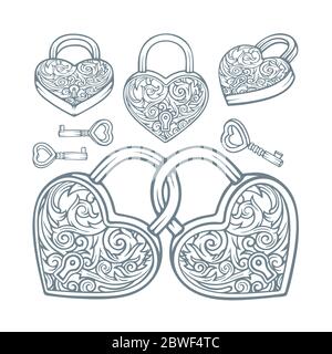 Cadenas et clés en forme de coeur avec ornements floraux de style vintage. Ensemble d'illustrations vectorielles symbole de relation, d'amour et d'amitié. Illustration de Vecteur