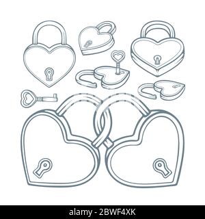 Cadenas et clés en forme de coeur avec ornements floraux de style vintage. Ensemble d'illustrations vectorielles symbole de relation, d'amour et d'amitié. Illustration de Vecteur