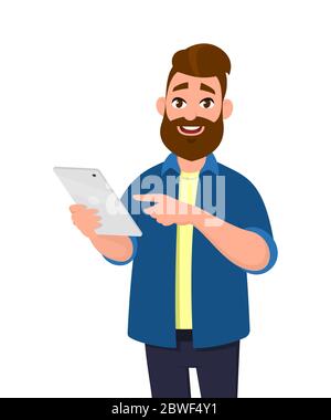 Homme tenant et utilisant un ordinateur tablette numérique. Illustration du concept de tablette. Illustration vectorielle en style dessin animé. Illustration de Vecteur