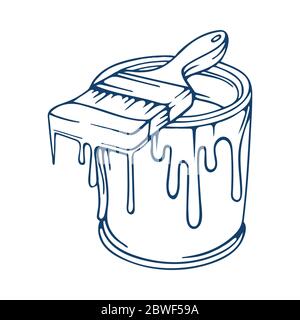 Le pinceau et la couleur peuvent esquisser la mise en plan. Pinceau et boîte de peinture avec des touches de couleur illustration vectorielle dessinée à la main. Partie de l'ensemble. Illustration de Vecteur