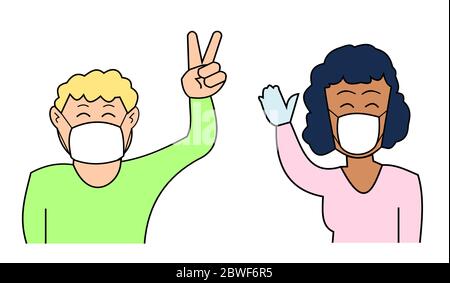 Hommes et femmes portant un masque protecteur sur le visage sur fond blanc, protégeant la santé de l'époque où la maladie de Covid-19 était une épidémie Illustration de Vecteur