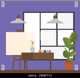 Intérieur du studio d'art. Salle d'atelier créative avec toile, peintures, brosses, chevalet et photos. Salon de design pour artistes. Illustration vectorielle de style plat Illustration de Vecteur