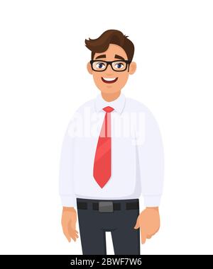 Portrait d'un jeune homme d'affaires confiant et élégant, avec chemise blanche et cravate rouge, debout sur fond blanc. Émotion humaine et homme d'affaires. Illustration de Vecteur