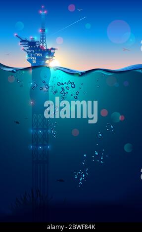 Plate-forme de forage ou plate-forme de forage dans les extractions en mer et sous-mer gaz et pétrole du fond océanique. Lumière du soleil sur horizont dans le paysage océanique. Industrie de Illustration de Vecteur