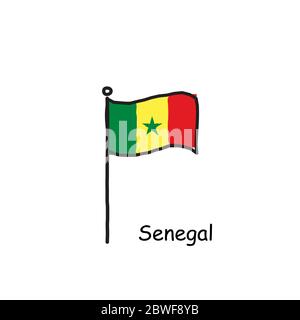 Drapeau du Sénégal dessiné à la main sur le mât du drapeau. Drapeau de trois couleurs . Illustration du vecteur de stock isolée sur fond blanc. Illustration de Vecteur