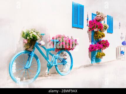 Charmant bar décoration design dans le style rétro avec vieux vélo et fleurs Banque D'Images