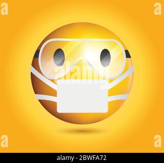 Émoticône de masque de haute qualité sur fond de dégradé jaune. Masque emoji avec lunettes.visage jaune avec yeux ouverts portant un masque chirurgical blanc et des lunettes. Illustration de Vecteur