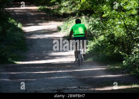 Limpsfield Common, Surrey, Royaume-Uni. 1er juin 2020.UN homme sur une promenade en vélo sur Limpsfield Common tout en observant la distance sociale. Les prévisions météorologiques sont pour les intervalles 22C/Sunny avec une douce brise et il peut y avoir quelques averses de pluie à partir de mercredi. Crédit : Keith Larby/Alay Live News Banque D'Images