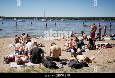 Berlin, Allemagne. 1er juin 2020. Les amateurs de soleil apprécient le beau temps sur une plage du Großen Fenster an der Havel. Credit: Kay Nietfeld/dpa/Alay Live News Banque D'Images