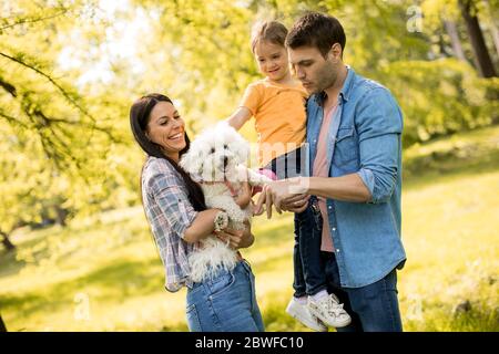 Bonne famille avec un joli chien bichon dans le parc Banque D'Images